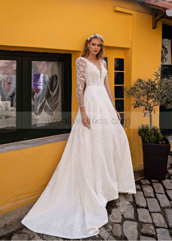 Long Sleeves Ivory Embroidery Lace Tulle Unique Wedding Dress
